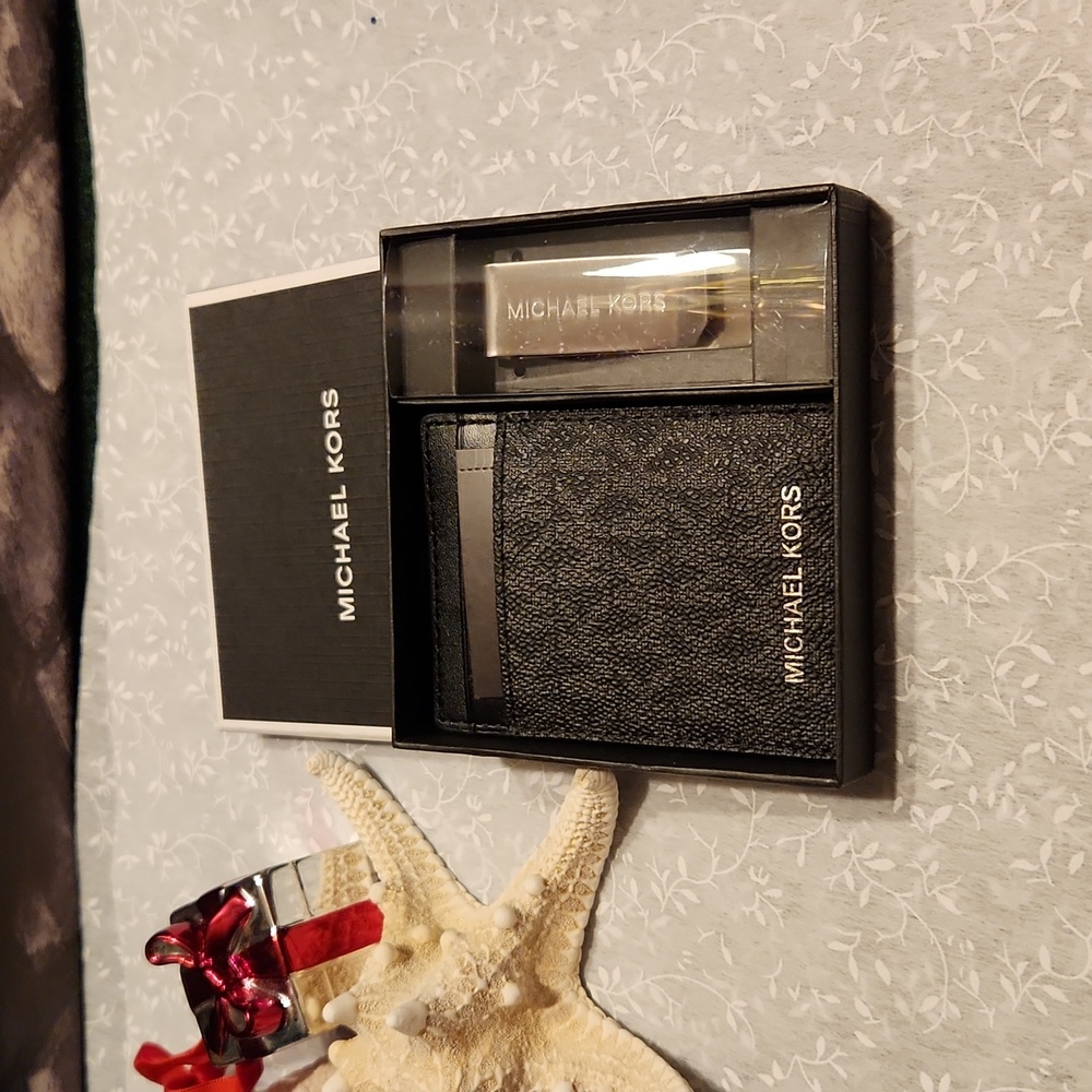 Men's Black Michael Kors Card Holder& Money Clip In Box